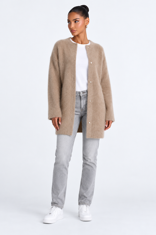Elegant knitted cardigan — khaki-front studio view