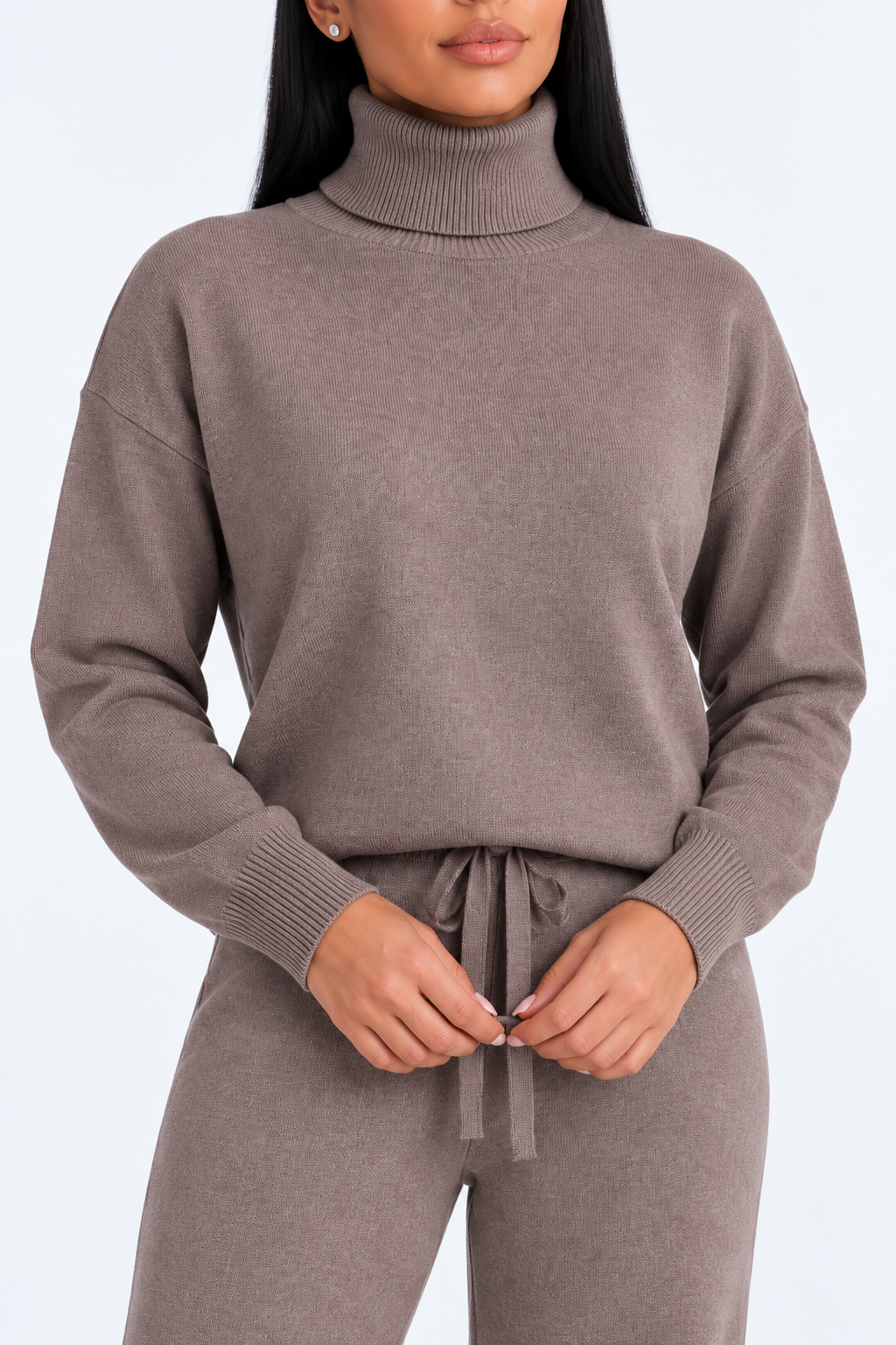 Brown knitted set — detail studio view