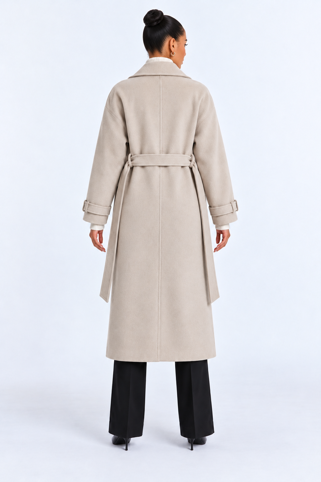 Long wool coat — beige-back studio view