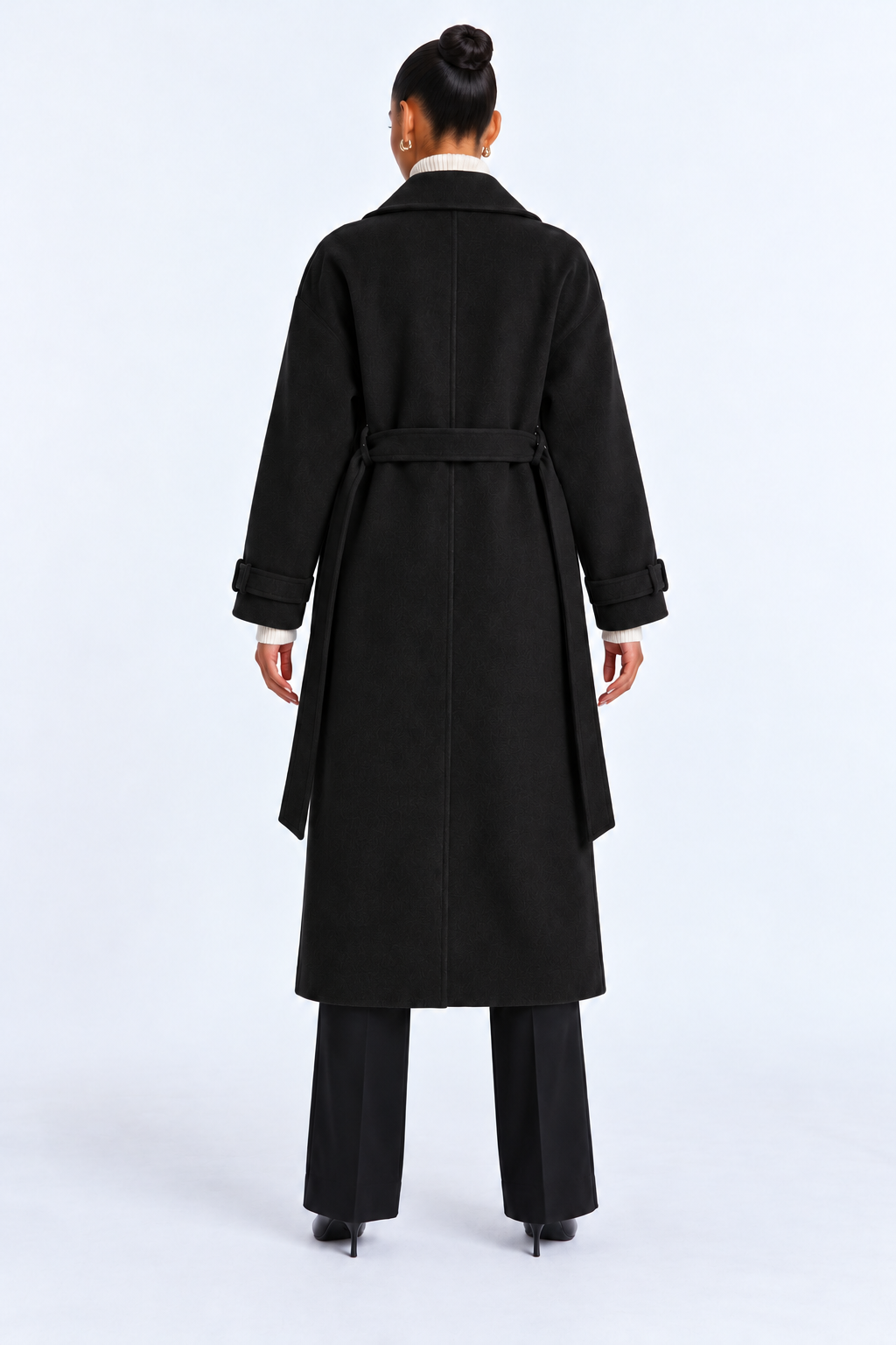 Long wool coat — black-back studio view