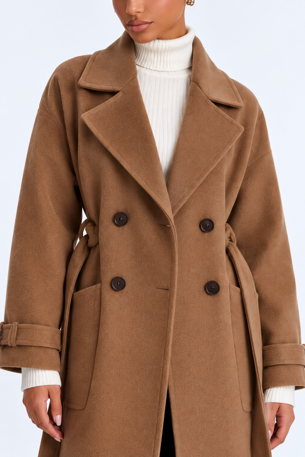 Long wool coat — brown-detail studio view