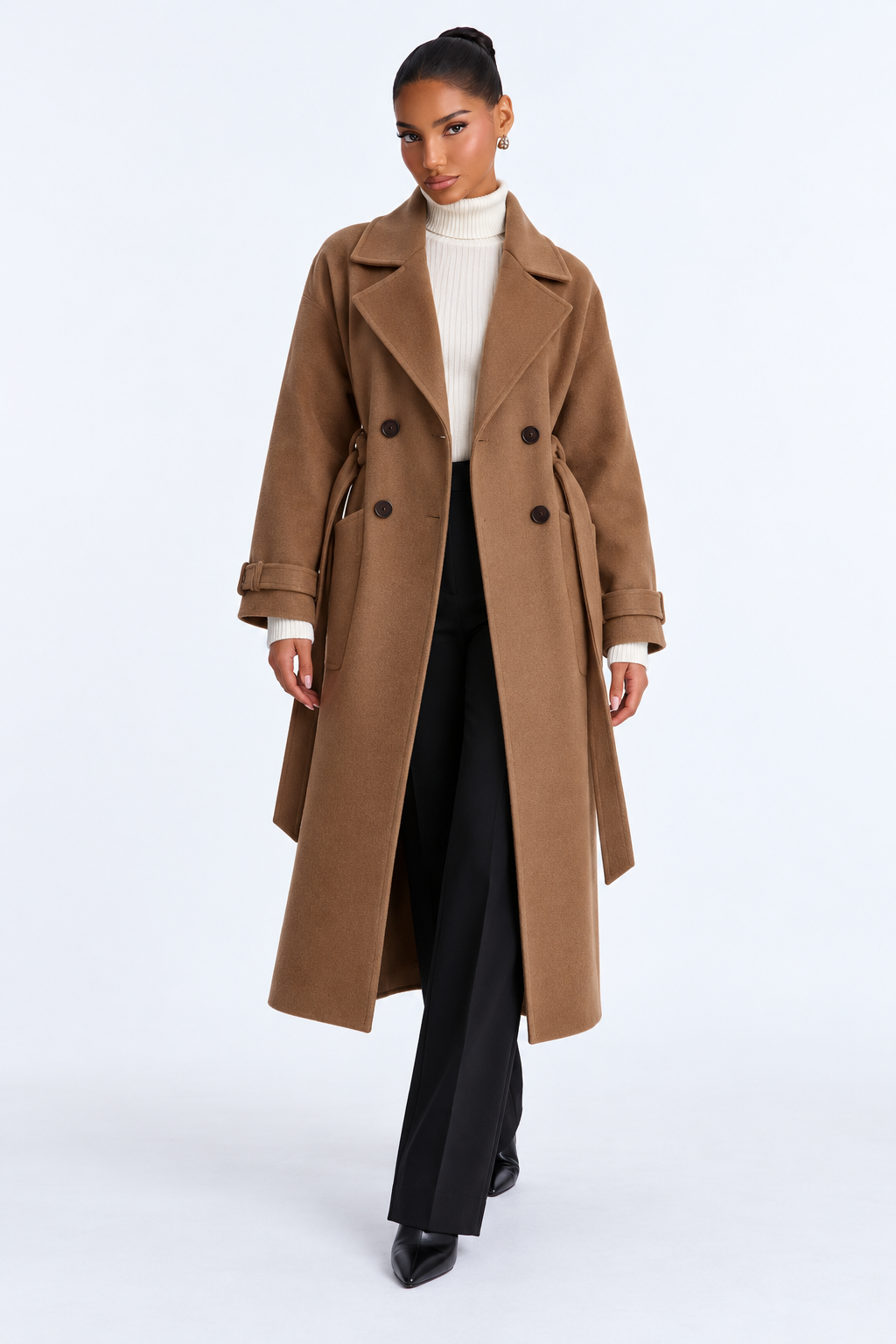 Long wool coat — brown-front studio view