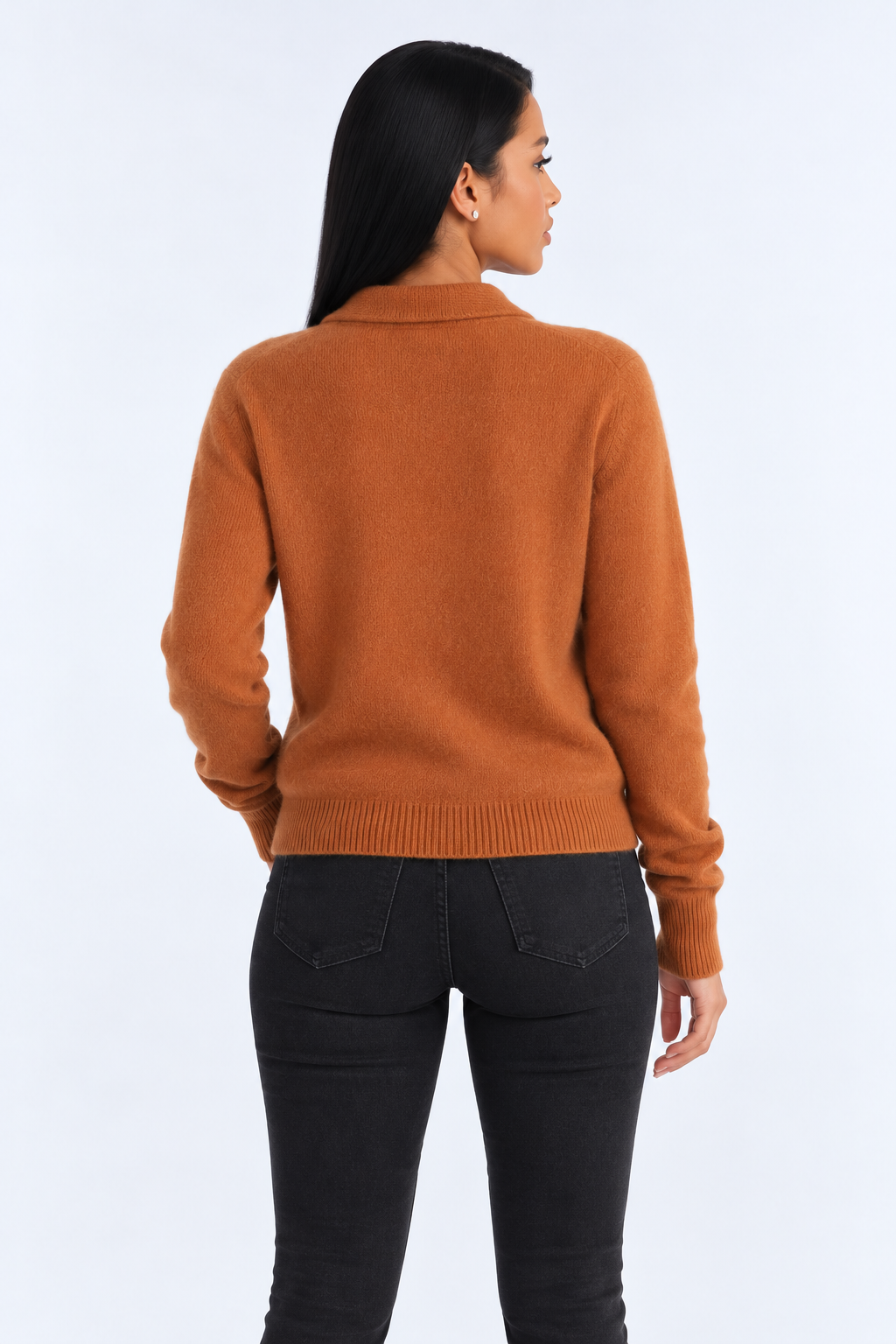 Stylish knitted cardigan — orange-back studio view
