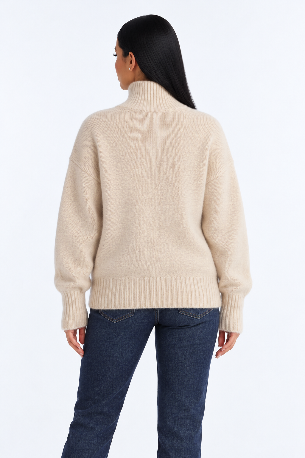 Knitted turtleneck — beige-back studio view