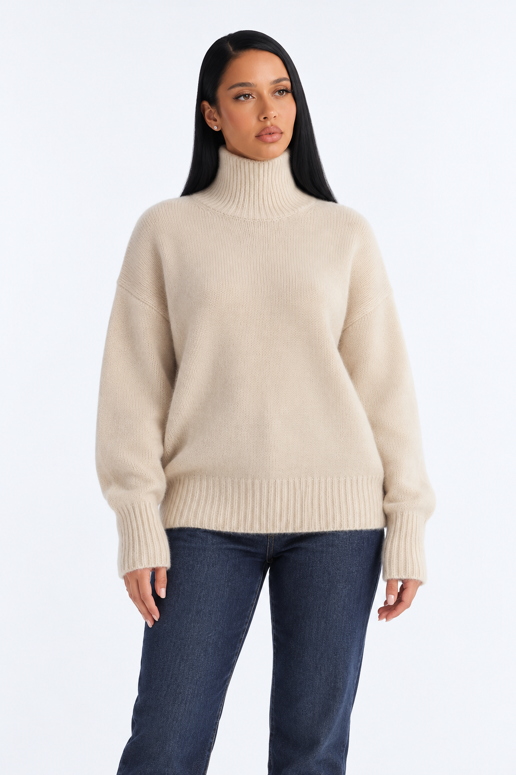 Knitted turtleneck — beige-front studio view