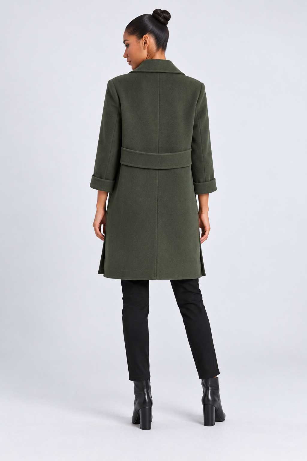 Wool winter coat — army-green-back studio view