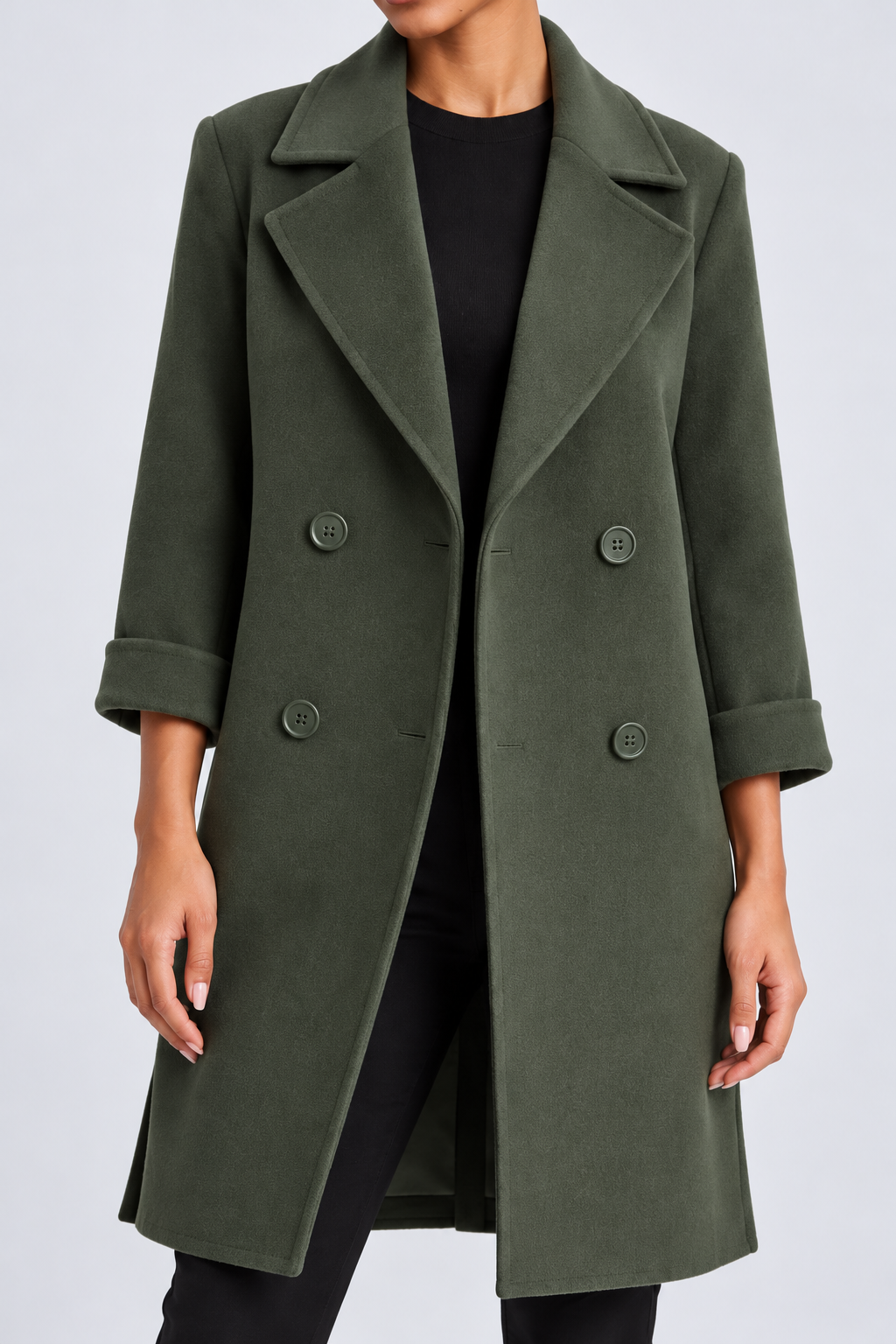 Wool winter coat — army-green-detail studio view