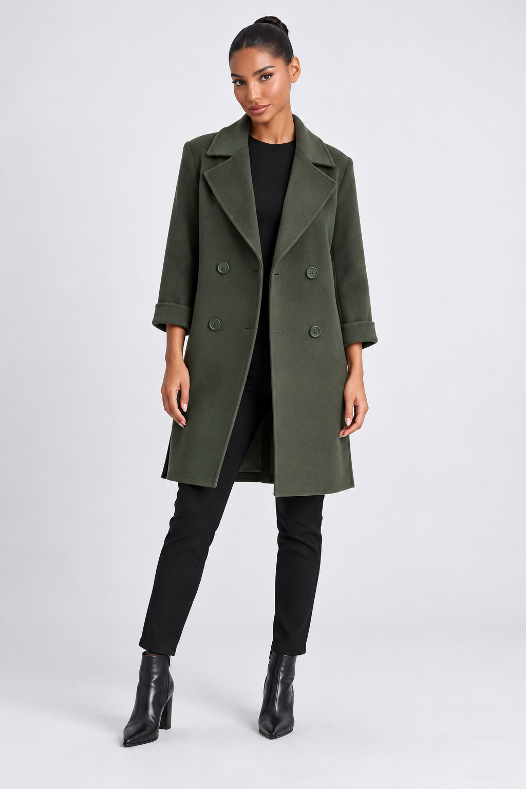 Wool winter coat — army-green-front studio view