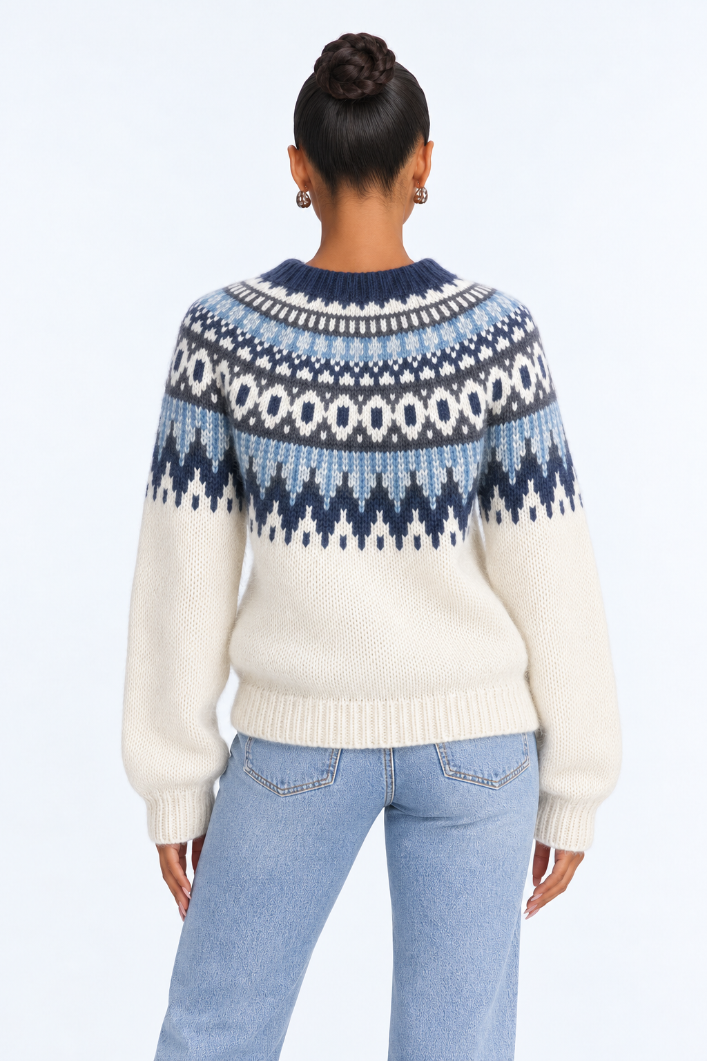 White / Blue Nordic sweater — back studio view