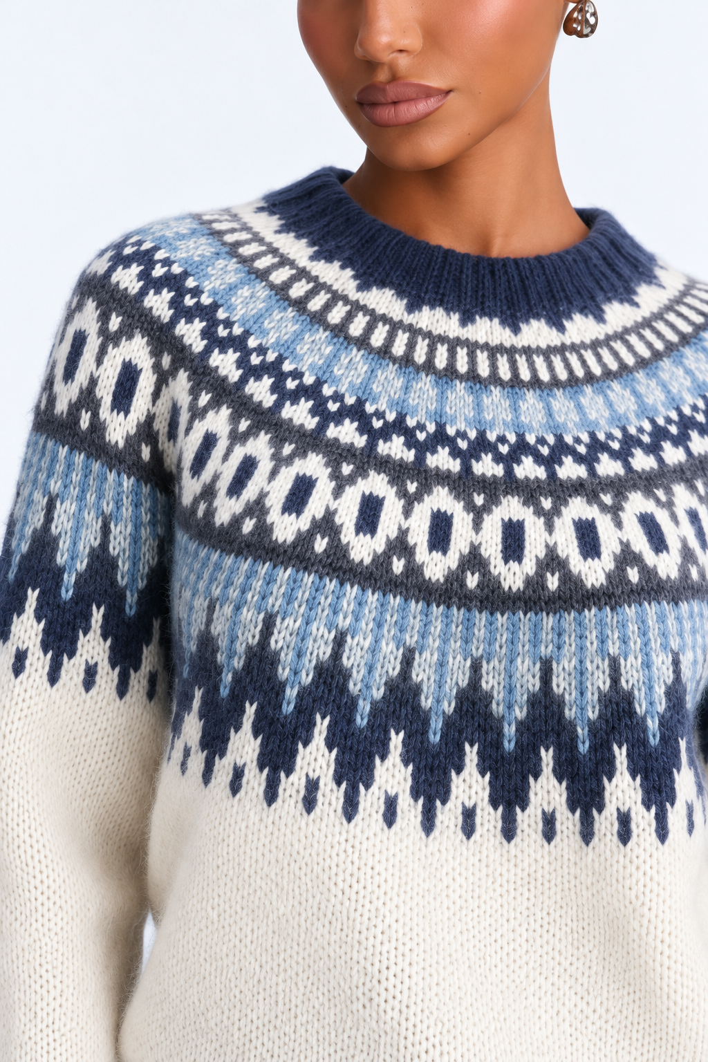White / Blue Nordic sweater — detail studio view