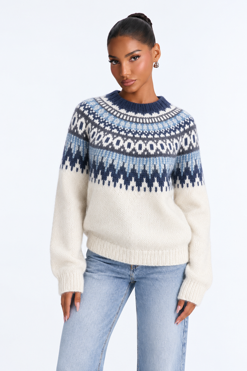White / Blue Nordic sweater — front studio view