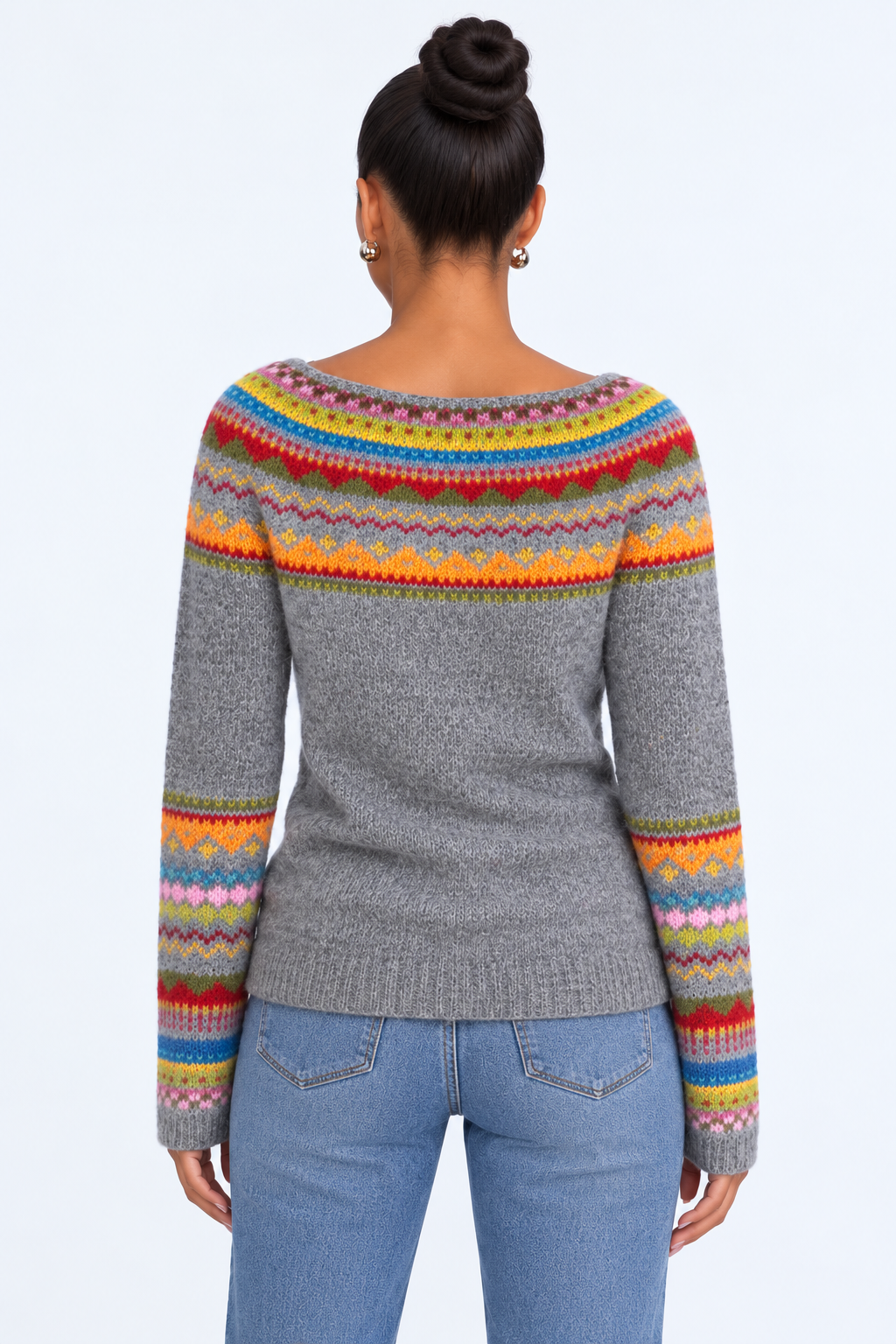 Retro Knitted Sweater for Women - gray orange red back - studio