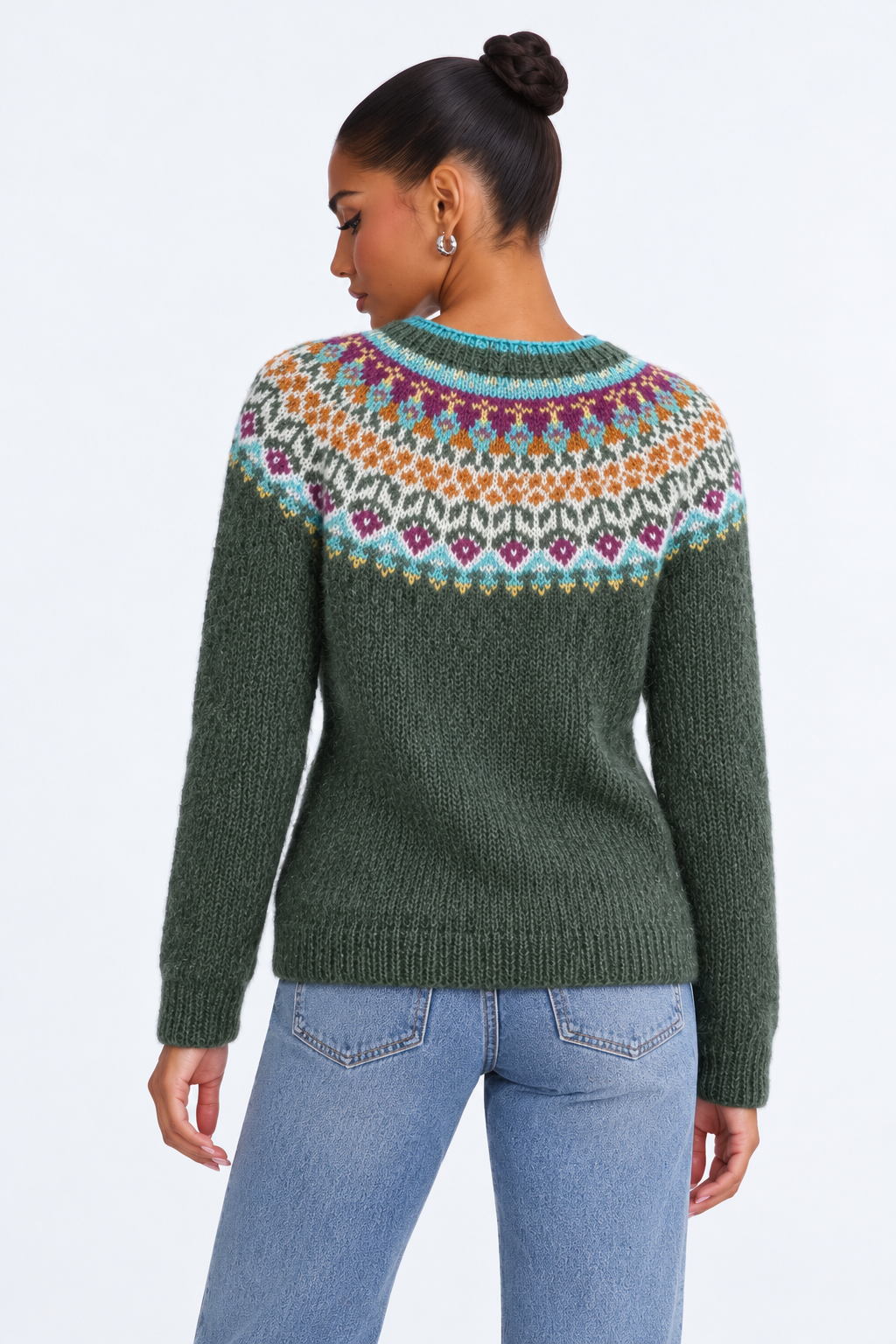 Retro Knitted Sweater for Women - green flowers back - studio