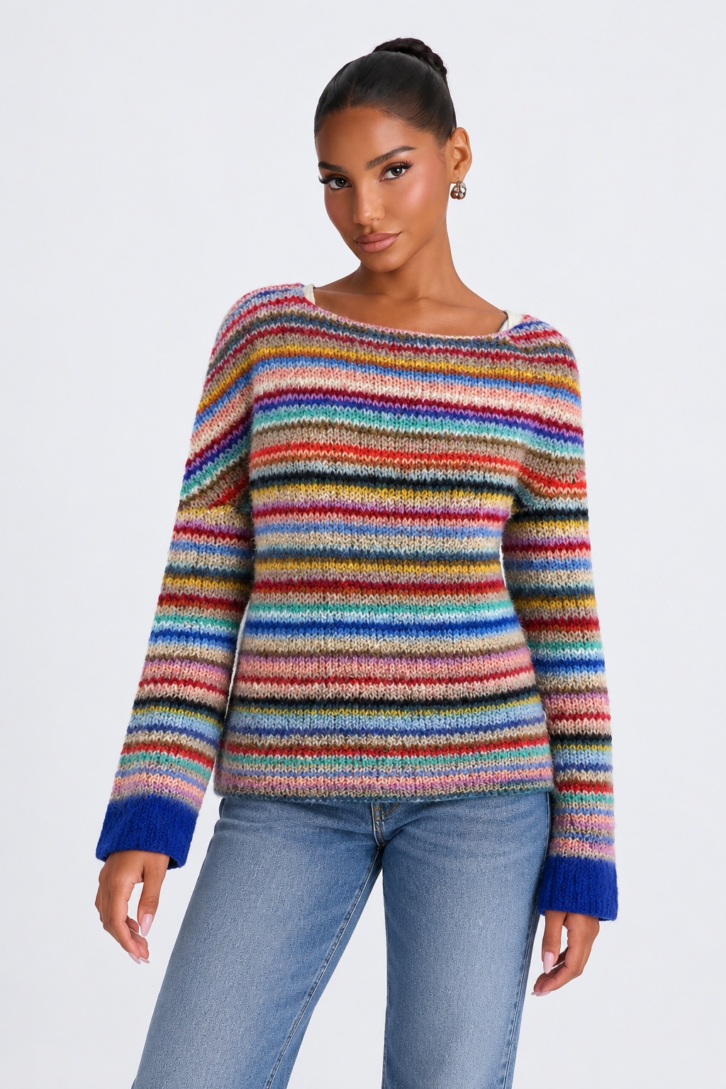 Retro Knitted Sweater for Women - pink blue yellow front - studio